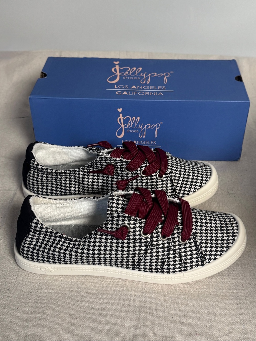 Jellypop Black & White Houndstooth Sneakers with Burgundy Laces